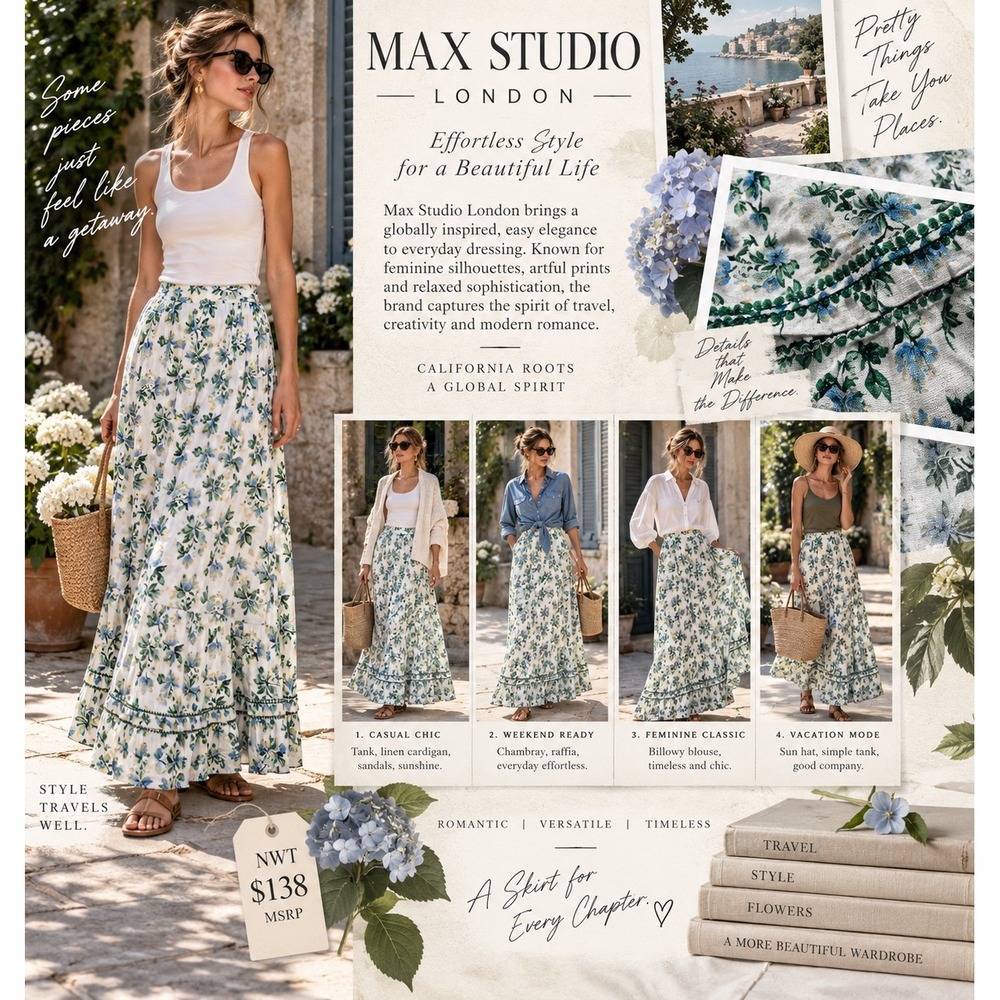 Max Studio London Floral Maxi Skirt S NWT Blue Green Ruffle Rayon Cottagecore